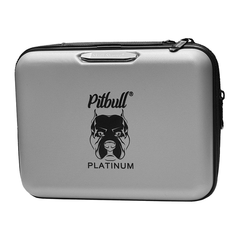 A silver Pitbull Deluxe Travel Case with a sturdy, rectangular design, featuring the Pitbull logo and the word “Platinum” printed on the front. The case is outlined with a black zipper and appears durable, ideal for securely storing and transporting grooming devices.
