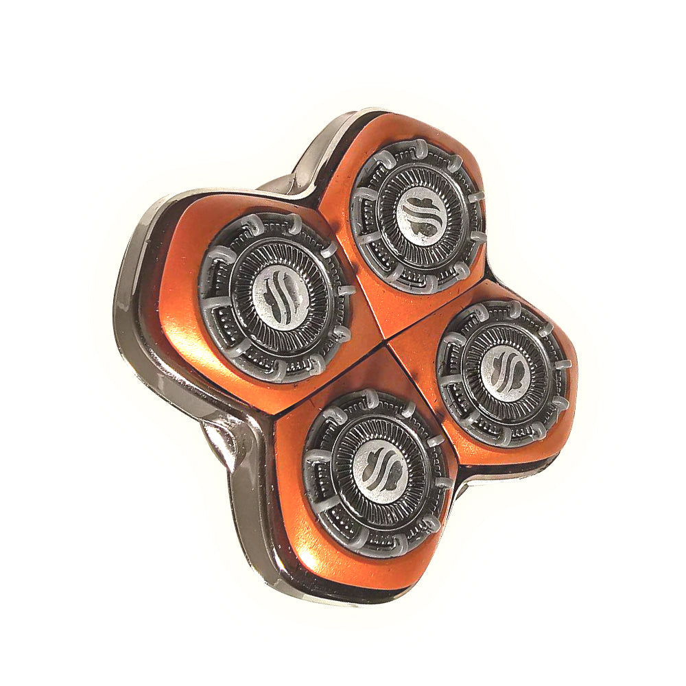 Close-up image of a rotary razor head with four circular shaving heads, featuring a sleek orange and silver design. Each shaving head of the Skull Shaver Rugged™ Blade has a circular pattern with a stylized ‘S’ logo at its center, giving a modern and high-tech look.