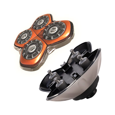 Disassembled electric rotary shaver showing the detachable shaving head and internal connector. Skull Shaver Rugged™ Blade’s shaving head features four circular blades with an orange and silver design, each marked with a stylized ‘S’ logo. The base reveals multiple gray attachment points designed to hold the shaving head securely in place. The ergonomic metallic body is visible, emphasizing the shaver’s sleek and modern design.