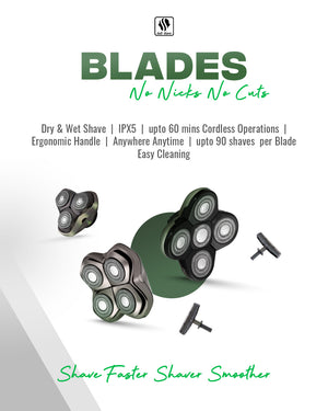 Blades:No nicks no cuts ,dry and wet shave , IPX5, up to 60 mins cordless operation , anywhere anytime, up to 90 shaves per blade , easy cleaning. shave faster and shave smoother .Click here to explore the Blades and Accessories category 