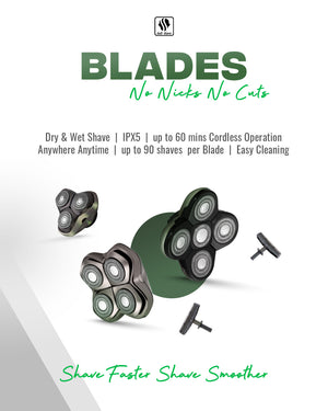 Pitbull blades:No nicks no cuts ,dry and wet shave , IPX5, up to 60 mins cordless operation , anywhere anytime, up to 90 shaves per blade , easy cleaning. shave faster and shave smoother .Click here to explore the Blades and Accessories category 