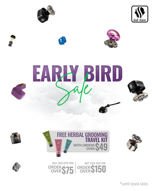 Skull shaver Early Bird sale. Get up to 15% off on purchases. Get free herbal grooming sample kit on orders above $49.