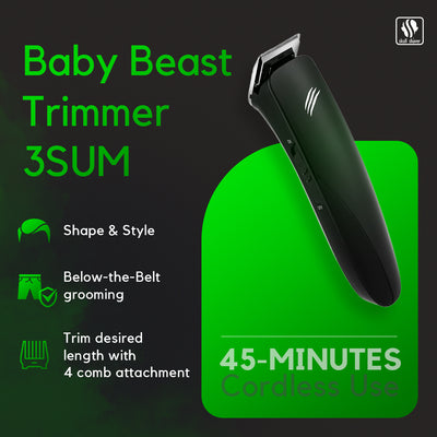 baby beast trimmer with green accent on a dark background, featuring text about the 'Baby Beast Trimmer 3SUM'.