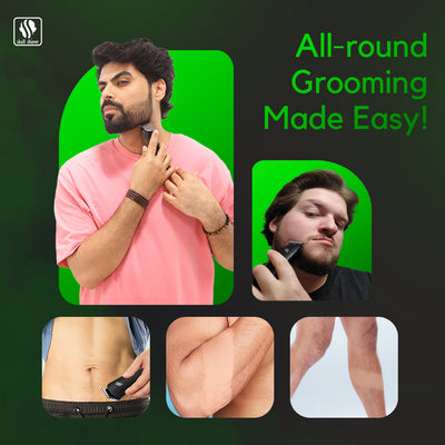 Person demonstrating grooming with a trimmer, text 'All-round Grooming Made Easy!' on a green background.