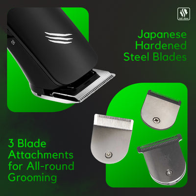Hair trimmer set with attachments on a green and black background, featuring 'Japanese Hardened Steel Blades' text.