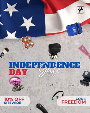 Skull shaver sale banner with the U.S. flag backdrop showcases floating Skull Shaver products. Bold blue and red text reads ‘INDEPENDENCE DAY Sale,’ with ‘Sale’ in cursive. The Skull Shaver logo appears in the top right. Promotional text highlights ‘10% OFF SITEWIDE’ and ‘CODE: FREEDOM’.

