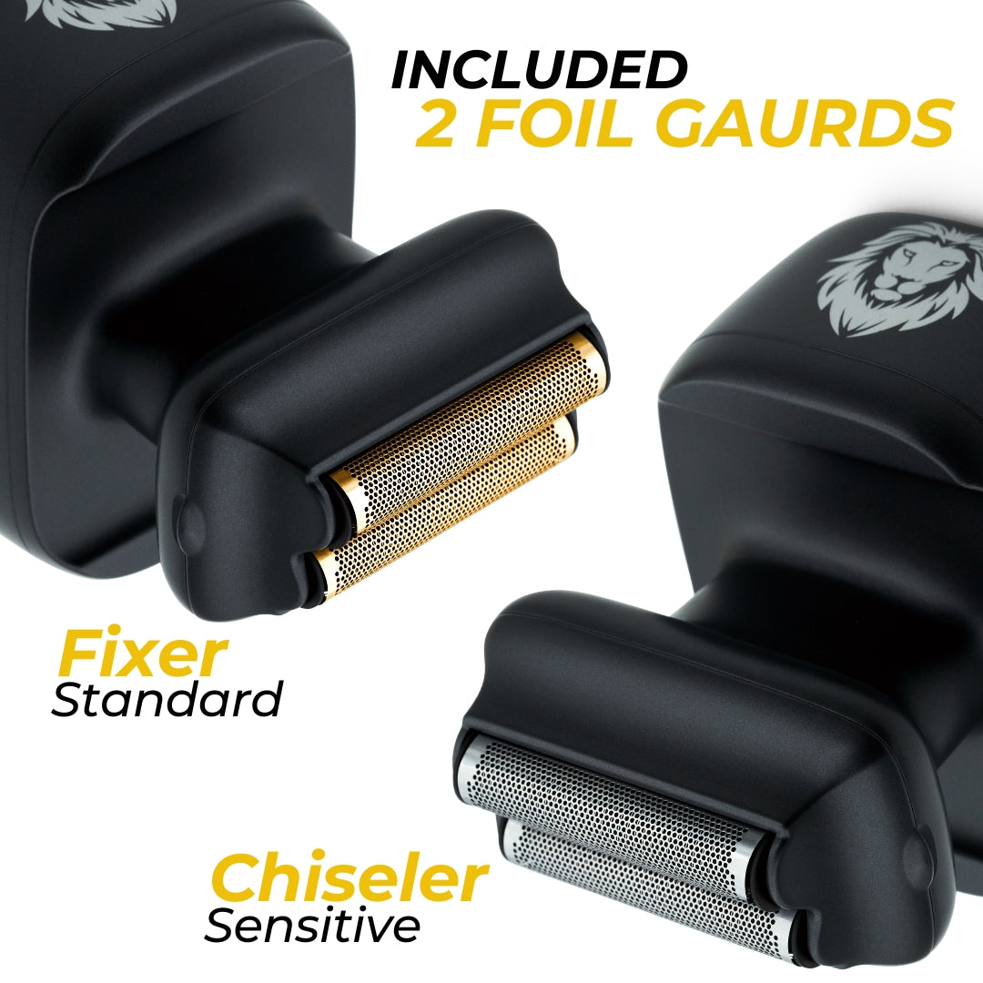 You'll receive two foil guards with your purchase: one Fixer Standard and one Chiseler Sensitive guard. These guards offer versatility to cater to your grooming needs for both standard and sensitive areas, ensuring a customized shaving experience.