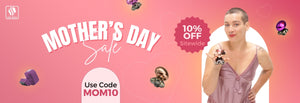Skull Shaver Mother's Day Sale banner featuring a woman holding a Butterfly Kiss Pro shaver. Text reads ‘Mother’s Day Sale’ with ‘10% OFF sitewide’ and ‘Use coupon code MOM10’. Banner includes colour variants of the shaver. Skull Shaver logo on top left.
