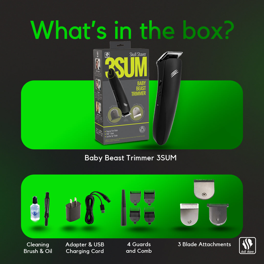 Baby Beast Trimmer 3SUM with packaging and accessories on a green and black background
