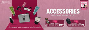 Banner features grooming accessories including shaving cream, aftershave balm, travel case, and nose trimmer attachment. Text: 'Accessories - Add-ons that complete the cut.' A banner shows "FREE GIFTS ON PURCHASES" with a manicure kit and cap. "FATHER'S DAY SALE" badge top right. Bottom right text: "*until stock lasts." Skull Shaver logo top left.
