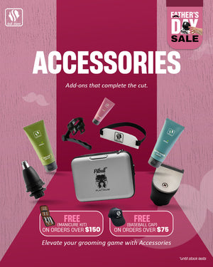 Banner features grooming accessories including shaving cream, aftershave balm, travel case, and nose trimmer attachment. Text: 'Accessories - Add-ons that complete the cut.' A banner shows "FREE GIFTS ON PURCHASES" with a manicure kit and cap. "FATHER'S DAY SALE" badge top right. Bottom right text: "*until stock lasts." Skull Shaver logo top left.
