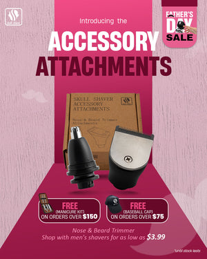 Banner showcasing accessory attachments for grooming, including a nose and beard trimmer. Text: 'Introducing the Accessory Attachments.' Free gifts on purchases. Caption: 'Shop with men's shavers for as low as $3.99.' Limited stock available. Skull Shaver logo top left.


