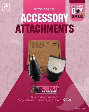 Banner showcasing accessory attachments for grooming, including a nose and beard trimmer. Text: 'Introducing the Accessory Attachments.' Free gifts on purchases. Caption: 'Shop with men's shavers for as low as $3.99.' Limited stock available. Skull Shaver logo top left.