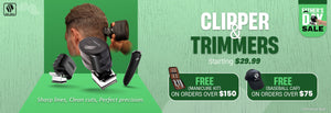 Banner featuring Clippers and Trimmers. Highlighted text: 'Starting $29.99.' A man using a clipper for a haircut. Includes free gifts on purchases. Caption: 'Sharp lines, Clean cuts, Perfect precision.' Limited stock available." Skull Shaver logo top left.

