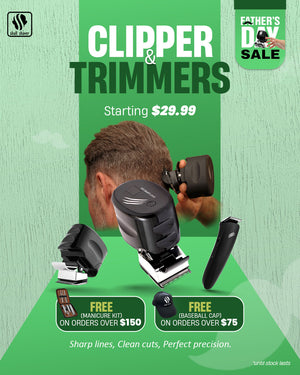 Banner featuring Clippers and Trimmers. Highlighted text: 'Starting $29.99.' A man using a clipper for a haircut. Includes free gifts on purchases. Caption: 'Sharp lines, Clean cuts, Perfect precision.' Limited stock available." Skull Shaver logo top left.

