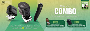 Skull Shaver Father's Day Sale banner showcasing Beast Clipper and Baby Beast Trimmer. Includes text 'Make Your Combo - Groom as you want, shave it or shape it' with free gifts and discounts. Offer: Buy Beast Clipper/Baby Beast Trimmer for $5 with a men's shaver with ‘*until stock lasts’. Skull Shaver logo on top left.

