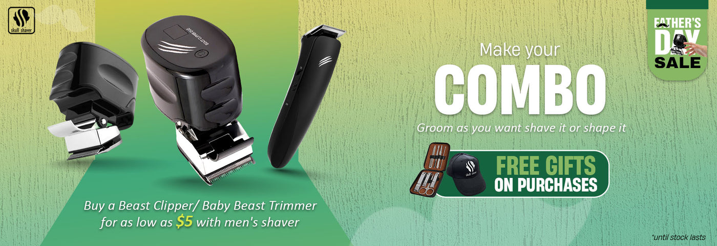 Skull Shaver Father's Day Sale banner showcasing Beast Clipper and Baby Beast Trimmer. Includes text 'Make Your Combo - Groom as you want, shave it or shape it' with free gifts and discounts. Offer: Buy Beast Clipper/Baby Beast Trimmer for $5 with a men's shaver with ‘*until stock lasts’. Skull Shaver logo on top left.