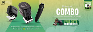Skull Shaver Father's Day Sale banner showcasing Beast Clipper and Baby Beast Trimmer. Includes text 'Make Your Combo - Groom as you want, shave it or shape it' with free gifts and discounts. Offer: Buy Beast Clipper/Baby Beast Trimmer for $5 with a men's shaver with ‘*until stock lasts’. Skull Shaver logo on top left.