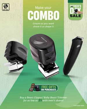Skull Shaver Father's Day Sale banner showcasing Beast Clipper and Baby Beast Trimmer. Includes text 'Make Your Combo - Groom as you want, shave it or shape it' with free gifts and discounts. Offer: Buy Beast Clipper/Baby Beast Trimmer for $5 with a men's shaver with ‘*until stock lasts’. Skull Shaver logo on top left.