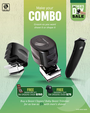 Skull Shaver Father's Day Sale banner showcasing Beast Clipper and Baby Beast Trimmer. Includes text 'Make Your Combo - Groom as you want, shave it or shape it' with free gifts and discounts. Offer: Buy Beast Clipper/Baby Beast Trimmer for $5 with a men's shaver with ‘*until stock lasts’. Skull Shaver logo on top left.


