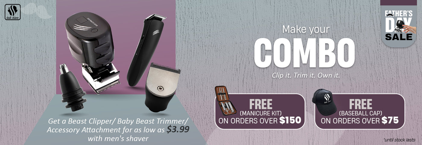 Skull Shaver Father's Day Sale banner promoting the combo offer. Highlighted text: 'Make your Combo. Clip it. Trim it. Own it.' Includes Beast Clipper, Baby Beast Trimmer, and accessory attachments. Offer: 'Get a Beast Clipper/Baby Beast Trimmer/Accessory attachment for as low as $3.99 with a men's shaver.' Free gifts on purchases. Limited stock available’.


