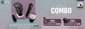 Skull Shaver Father's Day Sale banner promoting the combo offer. Highlighted text: 'Make your Combo. Clip it. Trim it. Own it.' Includes Beast Clipper, Baby Beast Trimmer, and accessory attachments. Offer: 'Get a Beast Clipper/Baby Beast Trimmer/Accessory attachment for as low as $3.99 with a men's shaver.' Free gifts on purchases. Limited stock available’.


