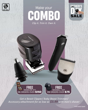 Skull Shaver Father's Day Sale banner promoting the combo offer. Highlighted text: 'Make your Combo. Clip it. Trim it. Own it.' Includes Beast Clipper, Baby Beast Trimmer, and accessory attachments. Offer: 'Get a Beast Clipper/Baby Beast Trimmer/Accessory attachment for as low as $3.99 with a men's shaver.' Free gifts on purchases. Limited stock available’.

