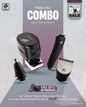 Skull Shaver Father's Day Sale banner promoting the combo offer. Highlighted text: 'Make your Combo. Clip it. Trim it. Own it.' Includes Beast Clipper, Baby Beast Trimmer, and accessory attachments. Offer: 'Get a Beast Clipper/Baby Beast Trimmer/Accessory attachment for as low as $3.99 with a men's shaver.' Free gifts on purchases. Limited stock available’.