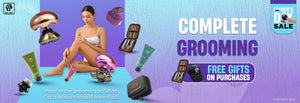 Skull Shaver Father's Day Sale banner showcasing 'Complete Grooming' solutions. Highlighted text: 'Head to toe grooming solutions, Coz a woman should have it all.' Features a variety of products including a women's shaver, grooming kit, skincare products, and accessories. Includes the offer: 'Free gifts on purchases.' Limited stock available.