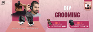 Skull Shaver Father's Day Sale banner featuring 'DIY Grooming' for effortless haircuts at home. Highlighted text: 'Haircuts at home. Clean, easy, smart.' Showcasing Beast Clippers in action with close-up shots of self-grooming. Includes the offer: 'Free gifts on purchases.' Limited stock available. Skull Shaver logo on top left.

