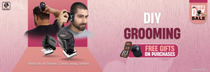 Skull Shaver Father's Day Sale banner featuring 'DIY Grooming' for effortless haircuts at home. Highlighted text: 'Haircuts at home. Clean, easy, smart.' Showcasing Beast Clippers in action with close-up shots of self-grooming. Includes the offer: 'Free gifts on purchases.' Limited stock available. Skull Shaver logo on top left.