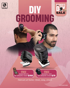 Skull Shaver Father's Day Sale banner featuring 'DIY Grooming' for effortless haircuts at home. Highlighted text: 'Haircuts at home. Clean, easy, smart.' Showcasing Beast Clippers in action with close-up shots of self-grooming. Includes the offer: 'Free gifts on purchases.' Limited stock available. Skull Shaver logo on top left.



