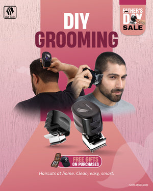 Skull Shaver Father's Day Sale banner featuring 'DIY Grooming' for effortless haircuts at home. Highlighted text: 'Haircuts at home. Clean, easy, smart.' Showcasing Beast Clippers in action with close-up shots of self-grooming. Includes the offer: 'Free gifts on purchases.' Limited stock available. Skull Shaver logo on top left.