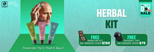 Skull Shaver Father's Day Sale banner showcasing the 'Herbal Kit' with travel-sized grooming essentials: Shaving Cream, Scrub, and After Shave Balm. Highlighted text: 'Travel size: Try it. Trust it. Buy it.' Features a close-up of a man lathering shaving cream. Includes the offer: 'Free gifts on purchases.' Limited stock available. Skull Shaver logo on top left.
