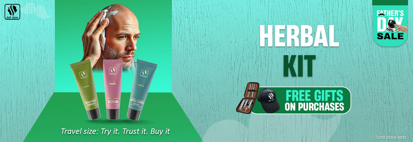 Skull Shaver Father's Day Sale banner showcasing the 'Herbal Kit' with travel-sized grooming essentials: Shaving Cream, Scrub, and After Shave Balm. Highlighted text: 'Travel size: Try it. Trust it. Buy it.' Features a close-up of a man lathering shaving cream. Includes the offer: 'Free gifts on purchases.' Limited stock available. Skull Shaver logo on top left.
