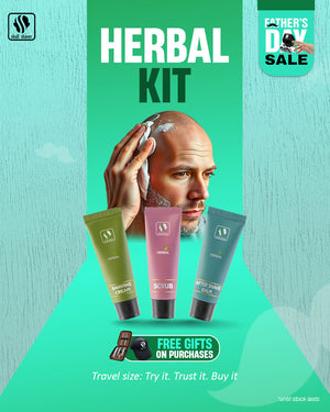 Skull Shaver Father's Day Sale banner showcasing the 'Herbal Kit' with travel-sized grooming essentials: Shaving Cream, Scrub, and After Shave Balm. Highlighted text: 'Travel size: Try it. Trust it. Buy it.' Features a close-up of a man lathering shaving cream. Includes the offer: 'Free gifts on purchases.' Limited stock available. Skull Shaver logo on top left.