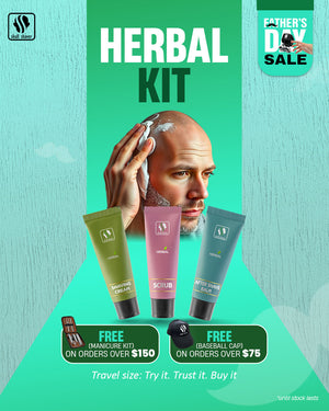 Skull Shaver Father's Day Sale banner showcasing the 'Herbal Kit' with travel-sized grooming essentials: Shaving Cream, Scrub, and After Shave Balm. Highlighted text: 'Travel size: Try it. Trust it. Buy it.' Features a close-up of a man lathering shaving cream. Includes the offer: 'Free gifts on purchases.' Limited stock available. Skull Shaver logo on top left.


