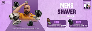 Skull Shaver Father's Day Sale banner highlighting the 'Men's Shaver' starting at $35.63. Features a man confidently shaving his head using the Skull Shaver. Text: 'For a shave as legendary as YOU are.' Includes the offer: 'Free gifts on purchases.' Limited stock available. Skull Shaver logo on top left.

