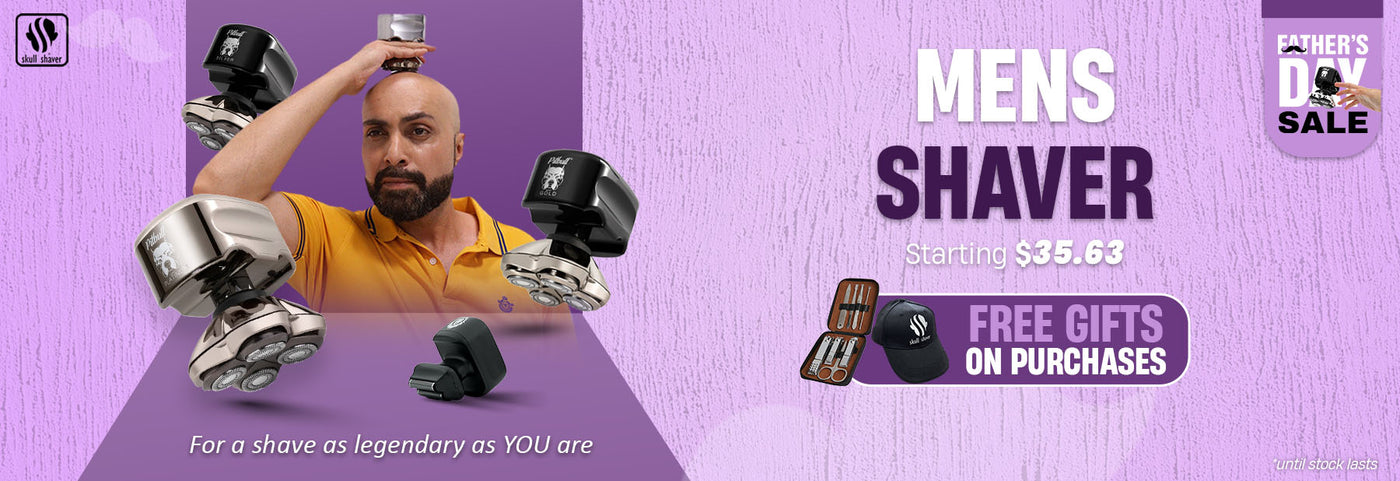 Skull Shaver Father's Day Sale banner highlighting the 'Men's Shaver' starting at $35.63. Features a man confidently shaving his head using the Skull Shaver. Text: 'For a shave as legendary as YOU are.' Includes the offer: 'Free gifts on purchases.' Limited stock available. Skull Shaver logo on top left.