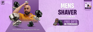 Skull Shaver Father's Day Sale banner highlighting the 'Men's Shaver' starting at $35.63. Features a man confidently shaving his head using the Skull Shaver. Text: 'For a shave as legendary as YOU are.' Includes the offer: 'Free gifts on purchases.' Limited stock available. Skull Shaver logo on top left.