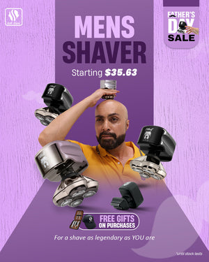 Skull Shaver Father's Day Sale banner highlighting the 'Men's Shaver' starting at $35.63. Features a man confidently shaving his head using the Skull Shaver. Text: 'For a shave as legendary as YOU are.' Includes the offer: 'Free gifts on purchases.' Limited stock available. Skull Shaver logo on top left.