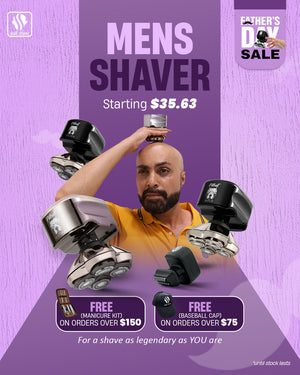 Skull Shaver Father's Day Sale banner highlighting the 'Men's Shaver' starting at $35.63. Features a man confidently shaving his head using the Skull Shaver. Text: 'For a shave as legendary as YOU are.' Includes the offer: 'Free gifts on purchases.' Limited stock available. Skull Shaver logo on top left.

