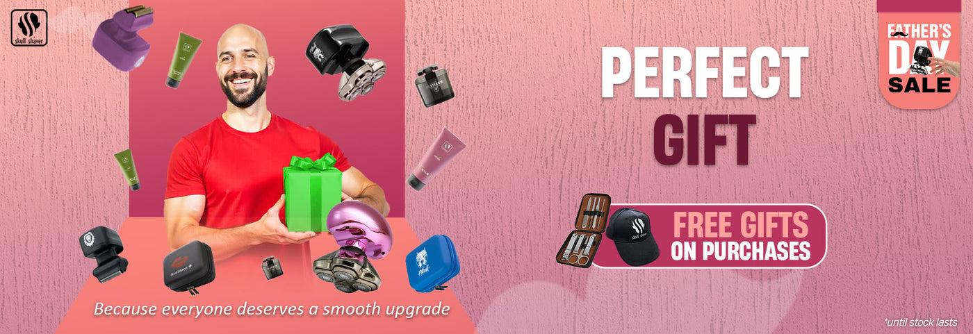 Skull Shaver Father's Day Sale banner featuring the 'Perfect Gift.' A joyful man holds a green gift box, surrounded by various Skull Shaver products, including shavers, grooming kits, and travel cases. Text: 'Because everyone deserves a smooth upgrade.' Includes the offer: 'Free gifts on purchases.' Limited stock available.