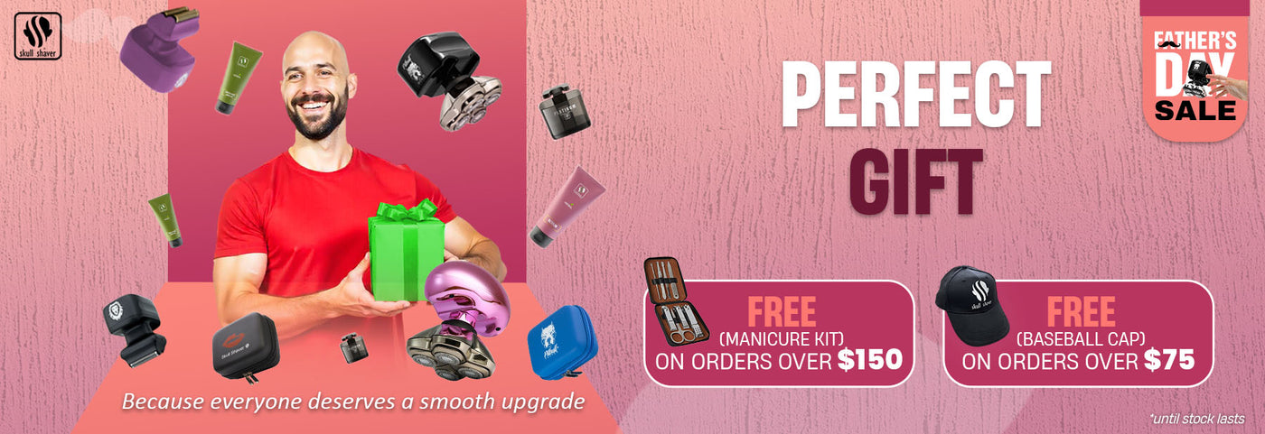 Skull Shaver Father's Day Sale banner featuring the 'Perfect Gift.' A joyful man holds a green gift box, surrounded by various Skull Shaver products, including shavers, grooming kits, and travel cases. Text: 'Because everyone deserves a smooth upgrade.' Includes the offer: 'Free gifts on purchases.' Limited stock available.

