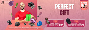 Skull Shaver Father's Day Sale banner featuring the 'Perfect Gift.' A joyful man holds a green gift box, surrounded by various Skull Shaver products, including shavers, grooming kits, and travel cases. Text: 'Because everyone deserves a smooth upgrade.' Includes the offer: 'Free gifts on purchases.' Limited stock available.

