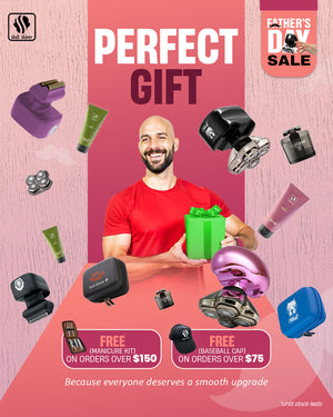 Skull Shaver Father's Day Sale banner featuring the 'Perfect Gift.' A joyful man holds a green gift box, surrounded by various Skull Shaver products, including shavers, grooming kits, and travel cases. Text: 'Because everyone deserves a smooth upgrade.' Includes the offer: 'Free gifts on purchases.' Limited stock available.


