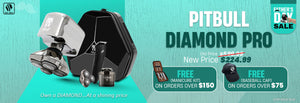 Banner showcasing Pitbull Diamond Pro with accessories and case. Text reads “PITBULL DIAMOND PRO” with old price slashed and new price highlighted.Text: Own a DIAMOND, at a shining price’. Includes the offer: 'Free gifts on purchases.' Limited stock available. Skull Shaver logo on top left.

