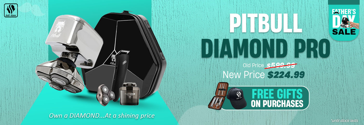 Banner showcasing Pitbull Diamond Pro with accessories and case. Text reads “PITBULL DIAMOND PRO” with old price slashed and new price highlighted.Text: Own a DIAMOND, at a shining price’. Includes the offer: 'Free gifts on purchases.' Limited stock available. Skull Shaver logo on top left.