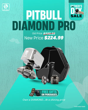 Banner showcasing Pitbull Diamond Pro with accessories and case. Text reads “PITBULL DIAMOND PRO” with old price slashed and new price highlighted.Text: Own a DIAMOND, at a shining price’. Includes the offer: 'Free gifts on purchases.' Limited stock available. Skull Shaver logo on top left.