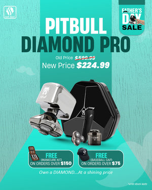 Banner showcasing Pitbull Diamond Pro with accessories and case. Text reads “PITBULL DIAMOND PRO” with old price slashed and new price highlighted.Text: Own a DIAMOND, at a shining price’. Includes the offer: 'Free gifts on purchases.' Limited stock available. Skull Shaver logo on top left.

